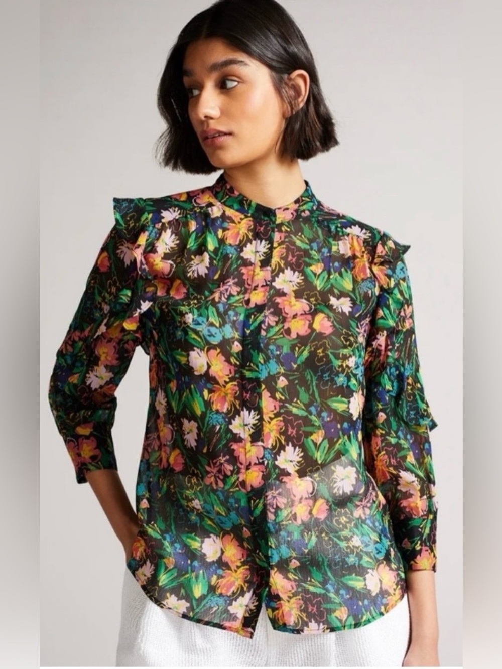 TED BAKER LONDON FLORAL CARITA RUFFLE SLEEVE BLOUSE, SIZE 8.